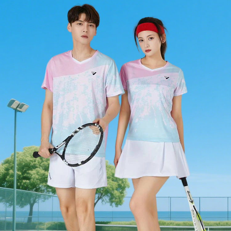 2023 New V-neck Badminton Suit Men's and Women's Sports Quick-drying Sweat-absorbent Short-sleeved Volleyball Table Tennis Suit Culottes