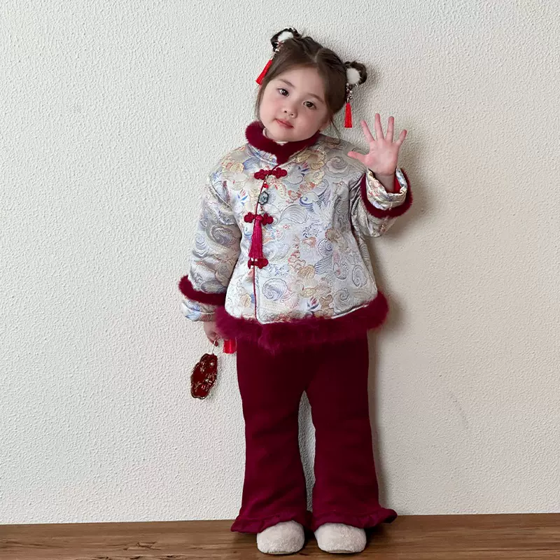 女童汉服过年拜年服秋冬季儿童国风新中式套装女宝宝周岁礼服冬装