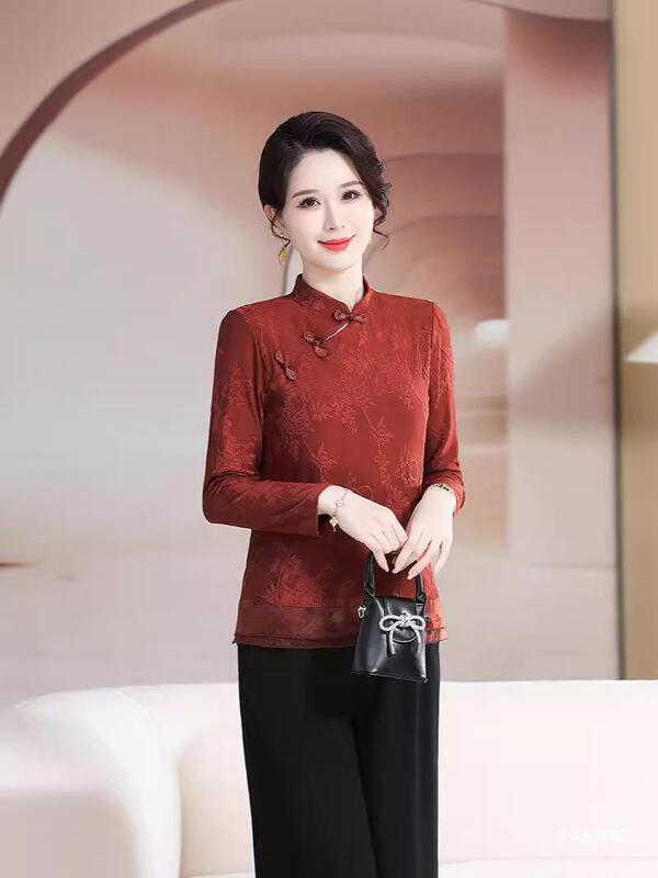 New Chinese Style National Fashionable Style Shirt Women's Retro Base Long Sleeve Shirt with Buckle Jacquard Lace plus size Slant Placket Pullover