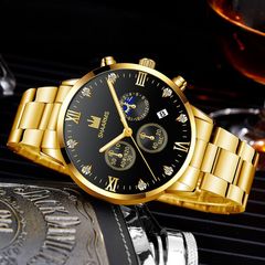 Cross-border new Men's Stainless Steel Strap Watch with Diamond-Embedded Fashion Diamond Men's Fake Three-Hand Calendar Men's Watch
