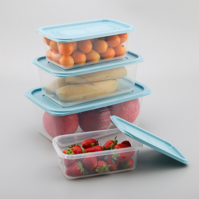 Refrigerador de plástico transparente rectangular de cuatro piezas caja de almacenamiento sellada combinación de caja de alimentos refrigerados para el hogar
