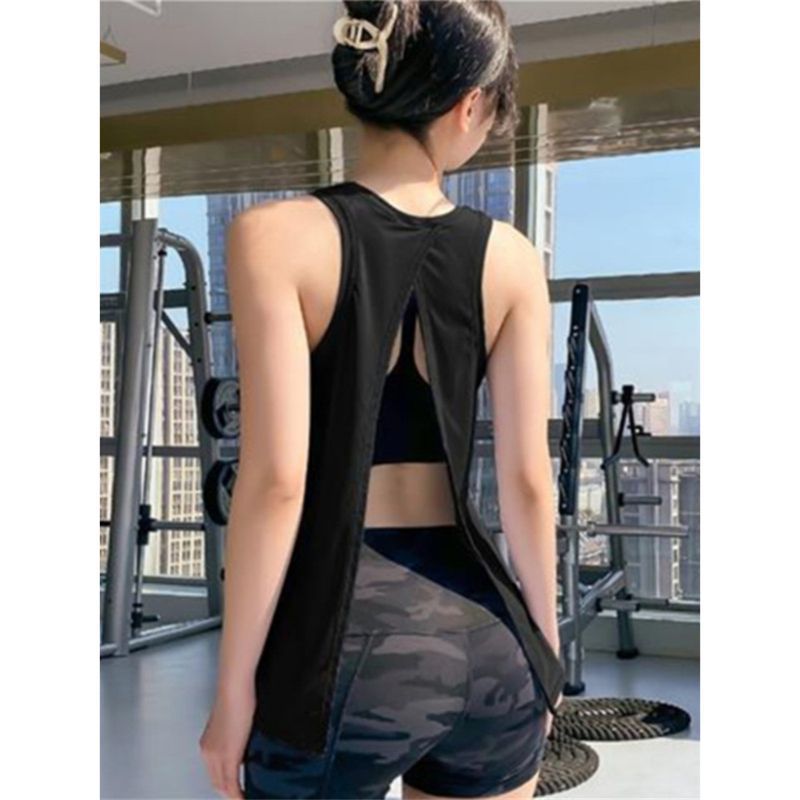 運動ヨガ服ベスト女性夏の新型ゆるいファッションランニングフィットネス上着オープンフォーク美背ブラウスtシャツ|undefined