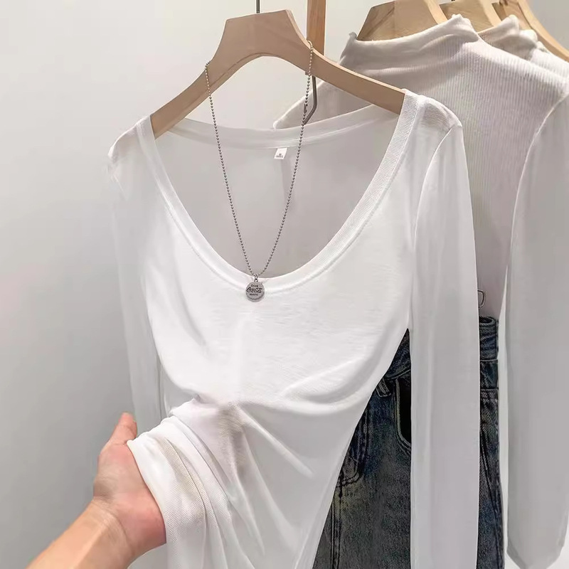 Tencel Skin-Fribottomly Thin Slightly See-Through Slim Fit Pure Lust Sexy White U-Neck Sun Protection Bottoming Blouse T-Shirt Women's Early Autumn Top