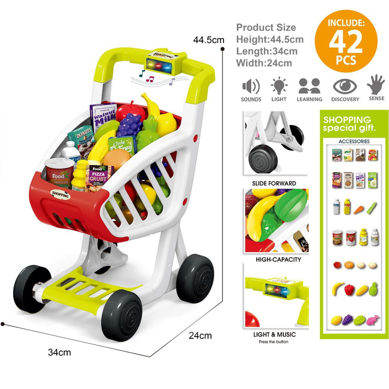 Simulación infantil transfronteriza iluminación de la casa, música, carrito de compras, juegos de supermercado de frutas, carrito de juguetes