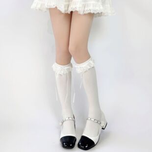 Japanese Lolita Lace Socks White Lace Calf Socks JK Bow Lace-up Sweet Mid-length Socks Lolita Socks