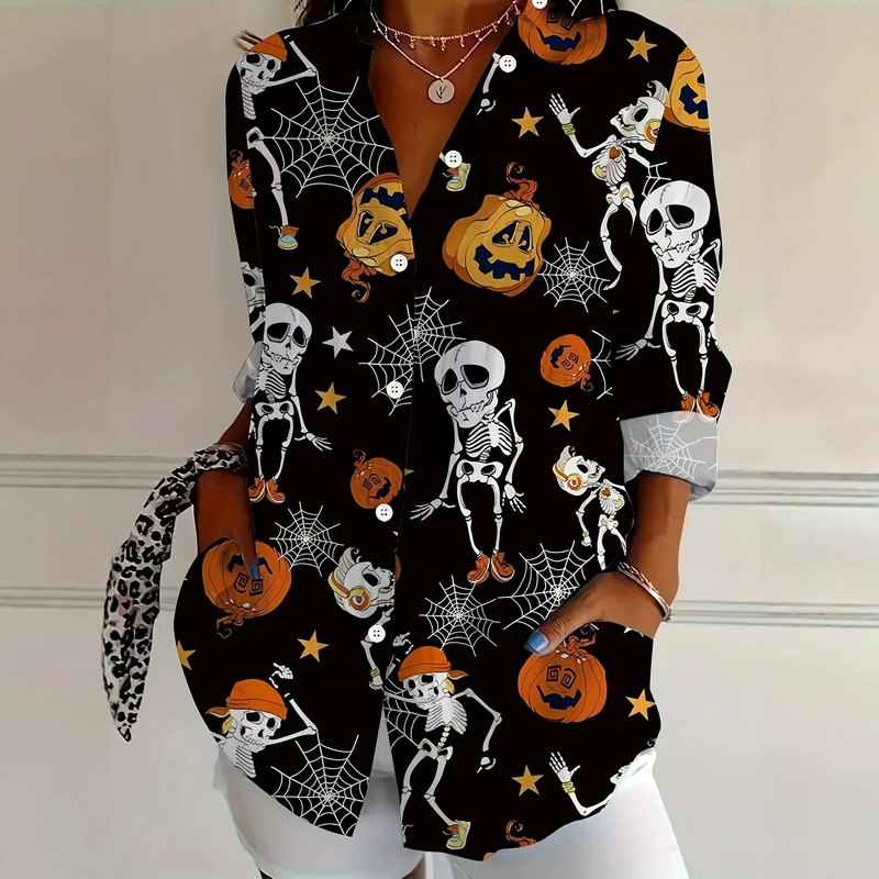 Halloween Skull Pumpkin Print Long Sleeve Shirt for Women 3D Print Turn-down Collar Loose Cardigan Cross-border Women's Clothing Multi-color