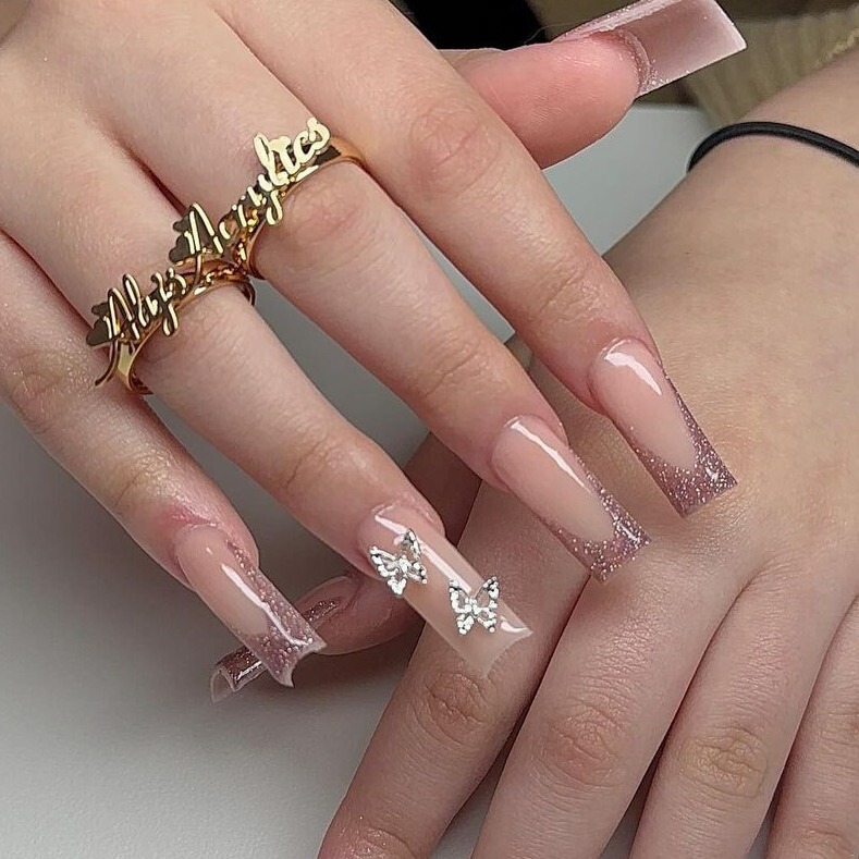 Cross-border super long three-dimensional butterfly decoration wear nail foreign trade rose gold metal diamond nail press fake nail