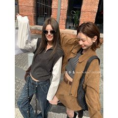 弥香&Ann Na Kim-韩系简约复古翻领短款麂皮百搭显瘦短外套F2915