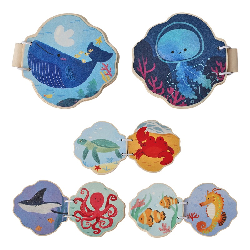 Libro de madera de enseñanza Montessori transfronterizo, juguetes educativos de educación temprana para bebés, tarjeta de reconocimiento de animales marinos, libro de madera