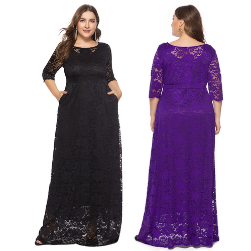 Plus Size Summer Lace Pocket Long Evening Dress for Women