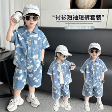 男童泼漆牛仔套装2025夏装新款短袖短裤中小童洋气两件套薄款衣服