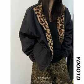 美式复古两面穿棉服豹纹外套男潮高级感vintage防兔毛加厚棉衣冬