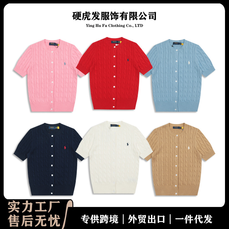 RL Raff Knitted Short-sleeved T-shirt Summer Classic Pony Mark Embroidered Twist Slimming Cotton Knitted Cardigan Top for Women