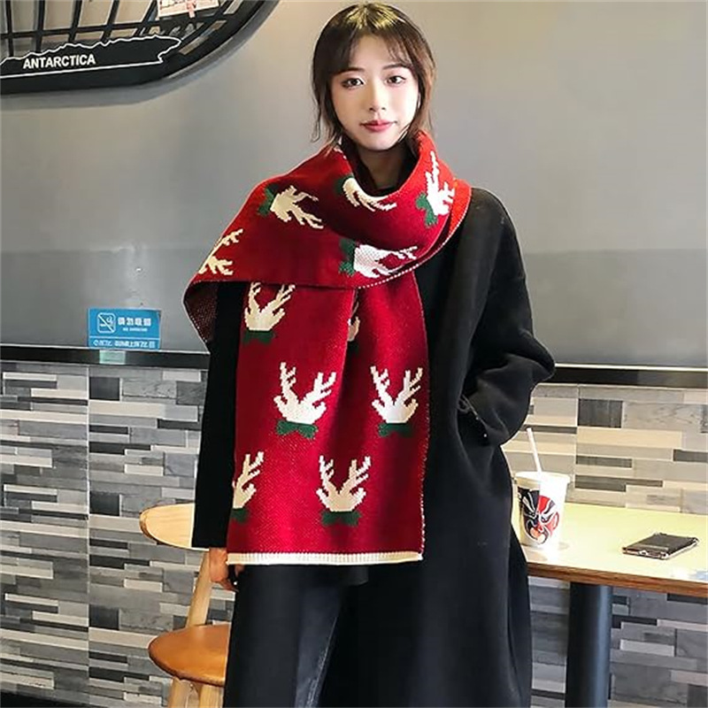 Sciarpa di lana calda lavorata a maglia con renne autunnali e invernali, scialle, sciarpa rossa per Capodanno._voghion.com