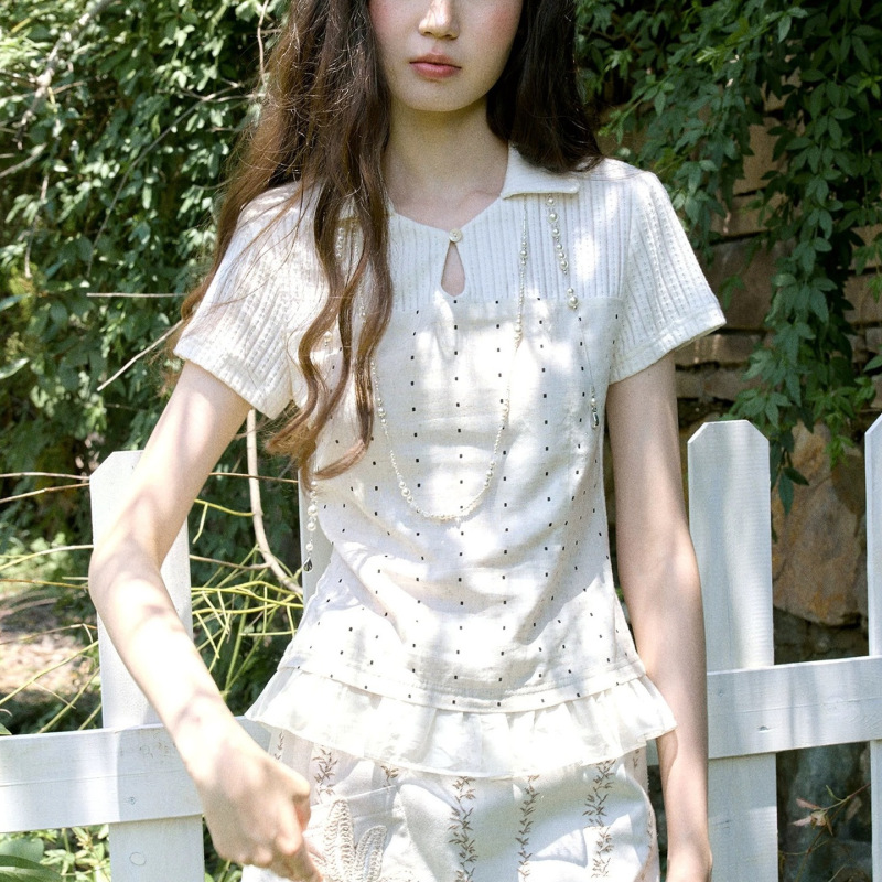 2026 Spring Beige Polka Dot New Style Bohemian Short-Sleeved Lace Ribbon Top