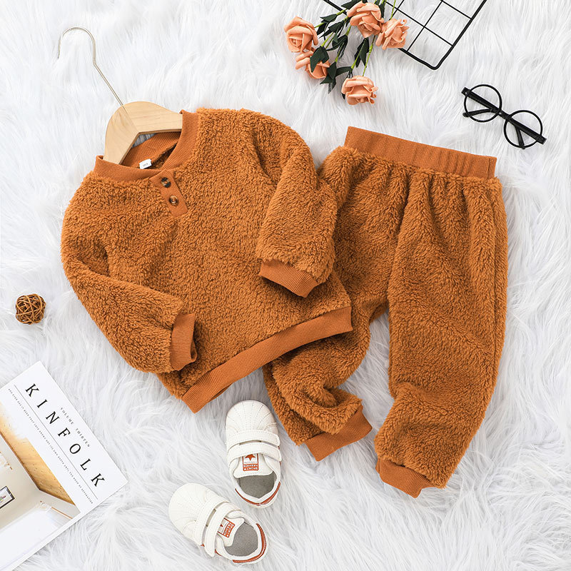 Autumn And Winter Wool Sweater Suit Solid Color Children's Round Neck Top And Trousers Two-piece display picture 1
