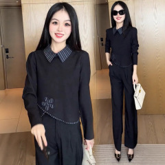时尚套装女2025秋季新款洋气条纹拼接不规则长袖衬衫直筒裤两件套