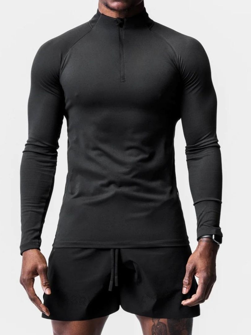 Ropa deportiva y de ocio transfronteriza para hombre, cuello medio alto, tejido cepillado, corte ajustado, camiseta de manga larga con media cremallera para entrenamiento y running.