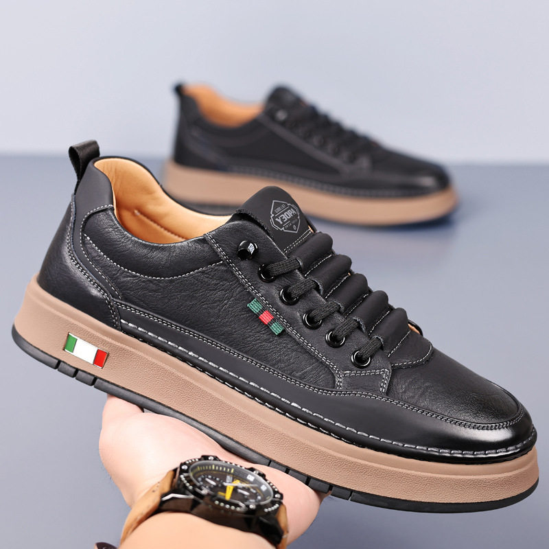 Giày da nam cổ thấp đế bằng, sneaker da bò mũi tròn phối dây thun, đế mềm thoáng khí — PZ7775 Màu nâu, PZ7775 màu be, PZ7775 màu trắng, PZ7775 màu đen