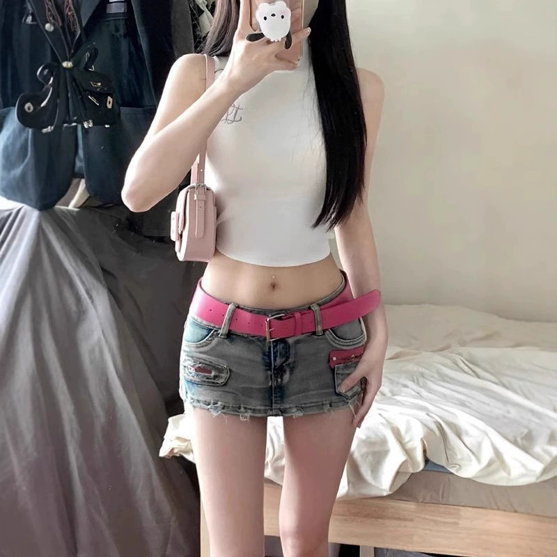 Американские ретро-брюки и юбки в стиле y2k, джинсовые супершорты, сексуальные летние, с низкой талией, утягивающие, миниатюрные, сексуальная юбка трапециевидной формы