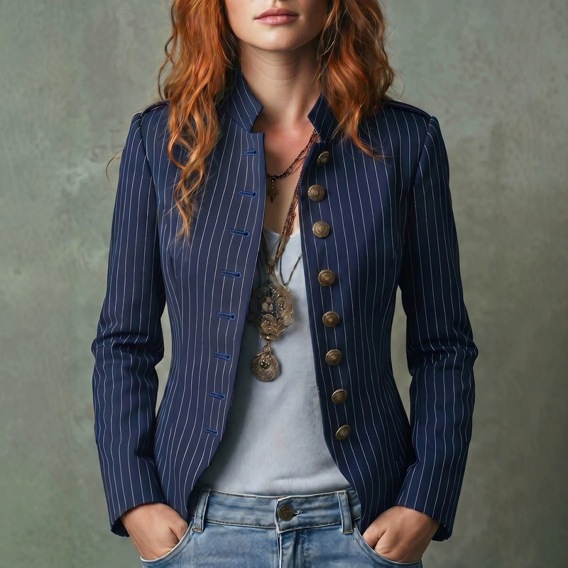Cross-border European and American women's blazer, navy striped, stand-up collar, single-breasted, slim-fit, waist-cinching, long-sleeved blazer