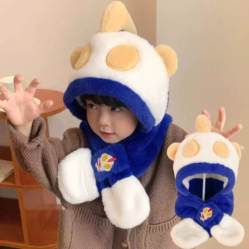 冬季新款儿童帽子围巾一体冬季加绒加厚男童护耳帽男孩毛绒护脖帽