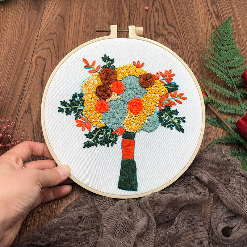 Original-nuevo bordado DIY flor hecha a mano paquete de material de tela fábrica creativa en stock incluido tutorial