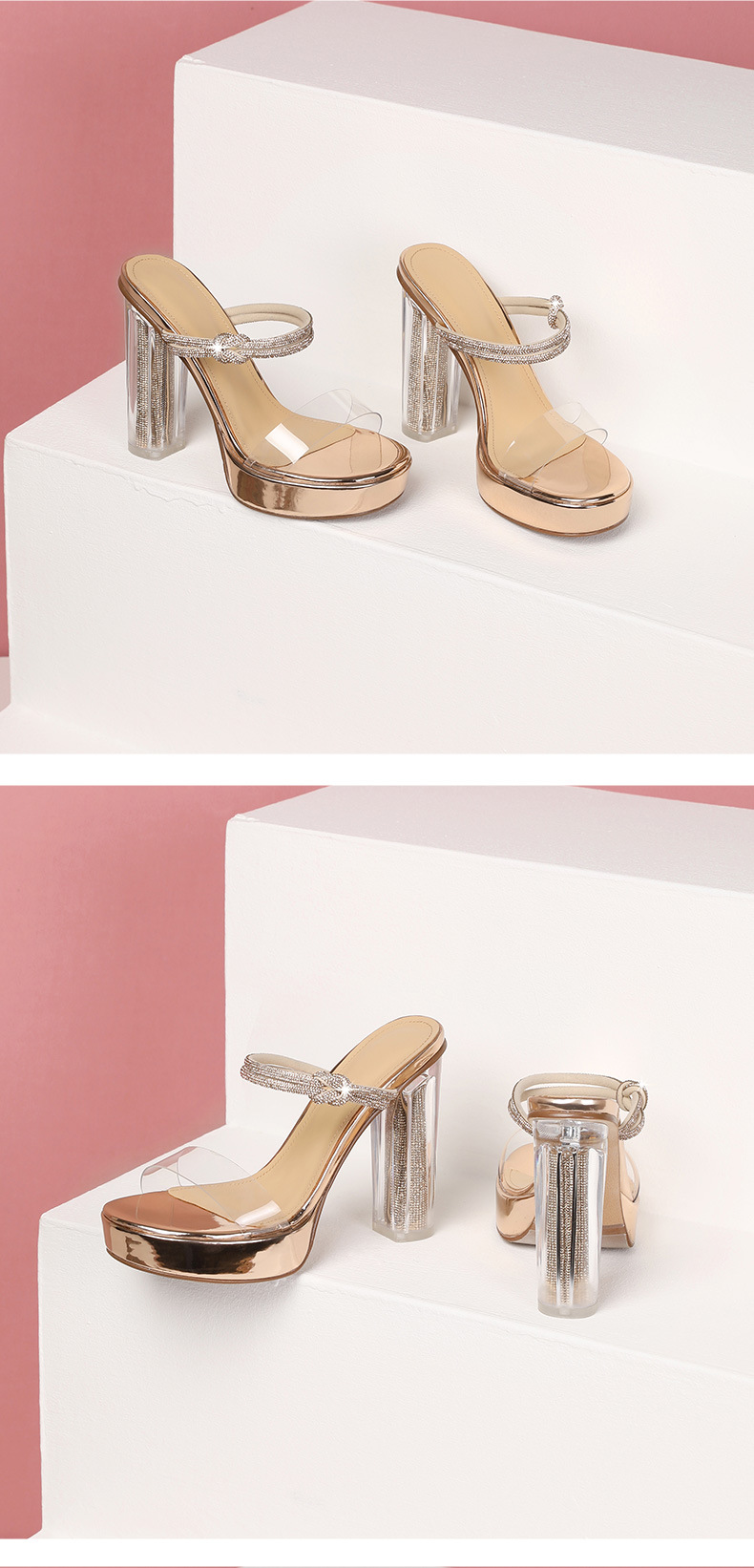Sandal cao gót nữ gót trong suốt pha lê, quai ngang, gót 9 cm — Màu Sâm panh chi tiết 6
