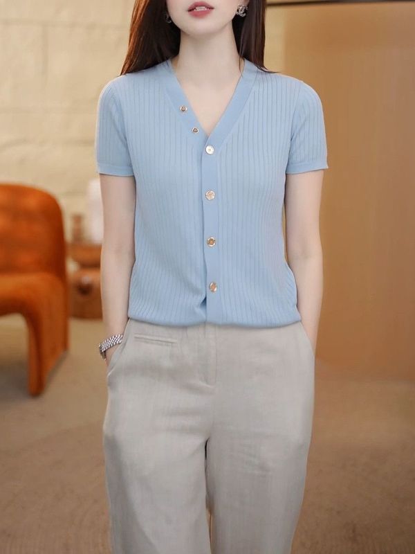 夏季薄款透气冰丝短袖针织开衫女装2025新款纯色百搭显瘦洋气上衣|undefined