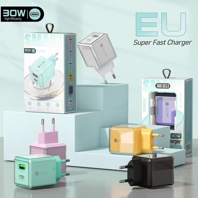 30W透明アイスキューブUSB+Type-Cデュアルポート急速充電器5v2aヨーロッパとアメリカのスマートフォンPD充電ヘッド|undefined
