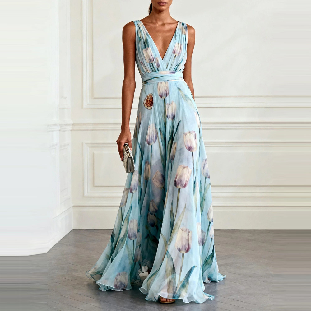 European and American 2026 Cross-Border Blue Tulip Print Dress, Elegant and Flowing, Sleeveless V-Neck Long Dress for Women