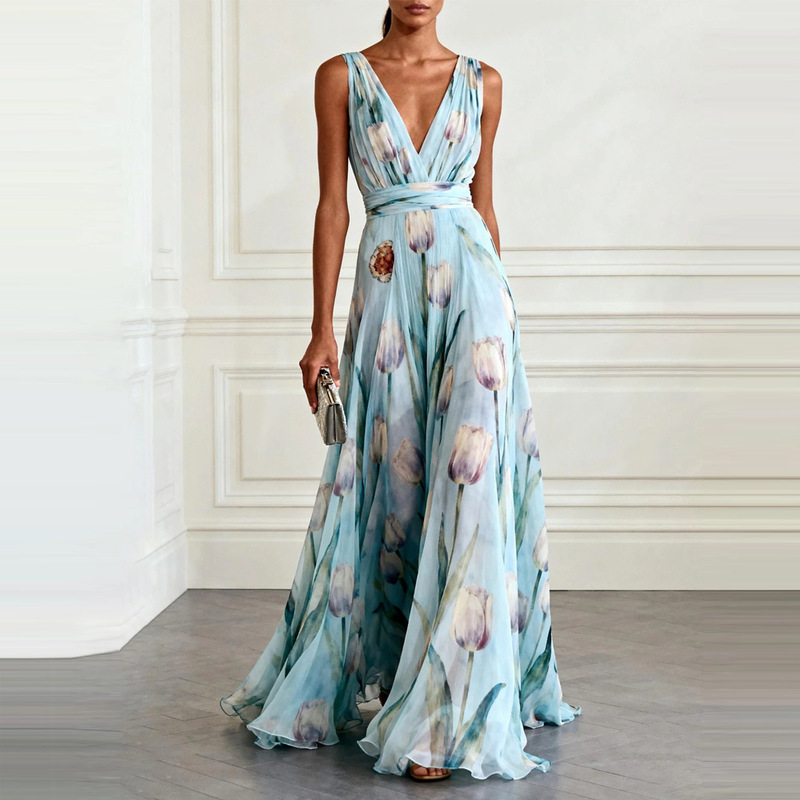European and American 2026 Cross-Border Blue Tulip Print Dress, Elegant and Flowing, Sleeveless V-Neck Long Dress for Women European and American 2026 Cross-Border Blue Tulip Print Dress, Elegant and Flowing, Sleeveless V-Neck Long Dress for Women