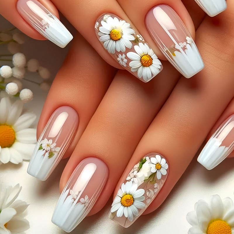 Cross-Border Hot-Selling Summer New Daisy Oil Painting Flower Sea Ladybug Fake Nails 24 Pieces Oval Medium Nail Art Stickers