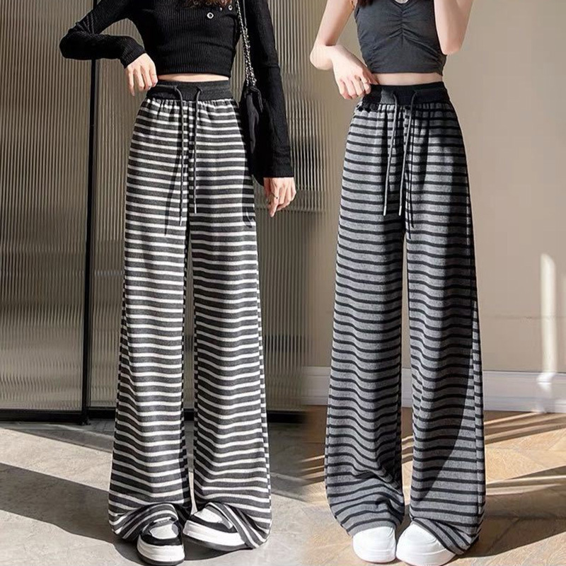Lazy Style Contrast Color Striped Knitted Wide-leg Pants Women's 2025 Spring High Waist Dagging Sense Threaded Casual Straight Pants