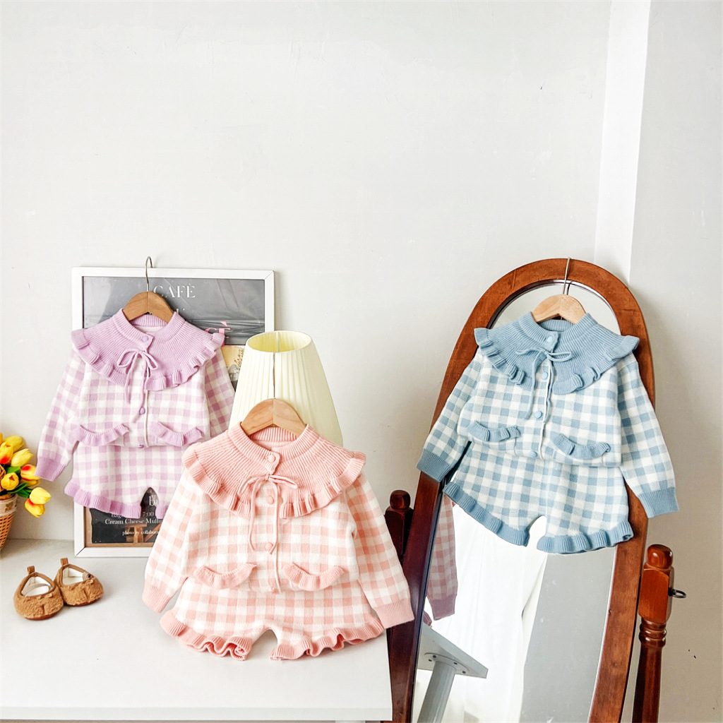 2024 Ediție coreeană nouă, guler toamnă/iarnă, pulover pentru fete, pantaloni scurți, stil la modă, carouri_voghion.com