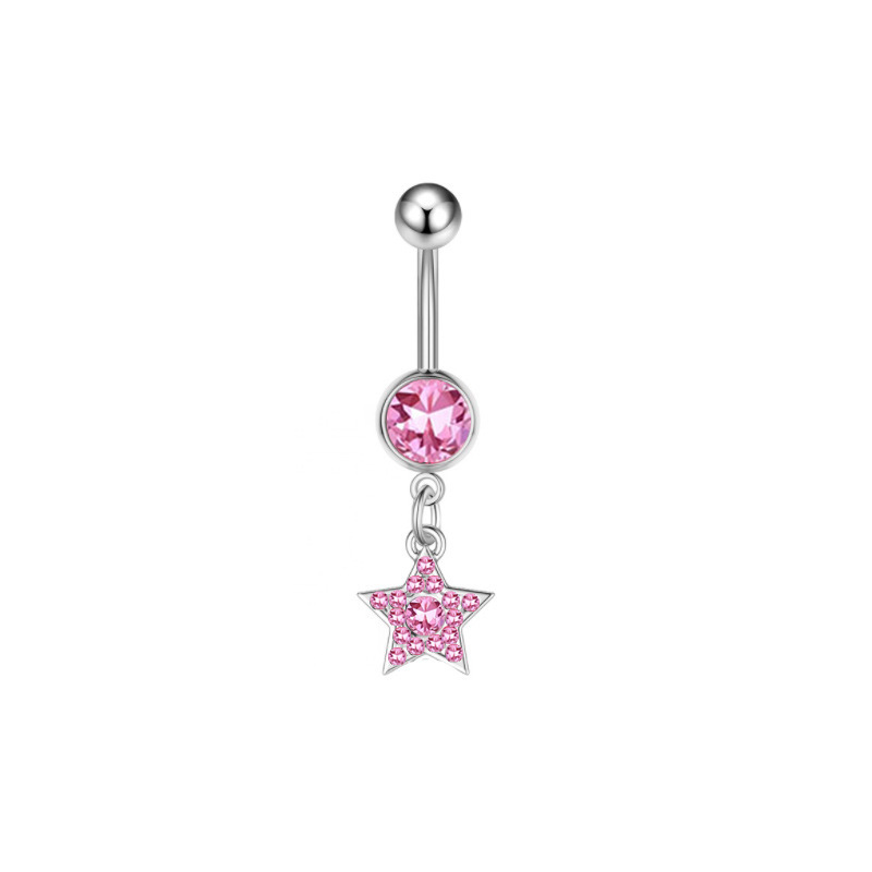 Stainless Steel Belly Button Ring With Pink Zircon Flower Charm_voghion.com