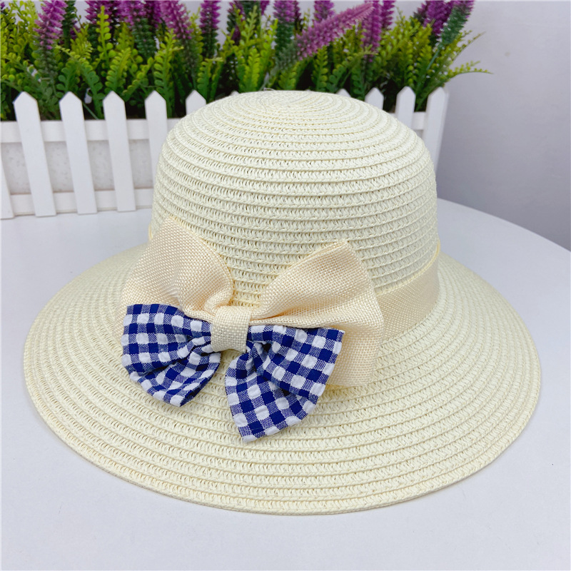 350g Weight Beach Occasion Straw Material Korean Summer Plaid Bow Straw Fisherman Hat Shade Travel Straw Hat