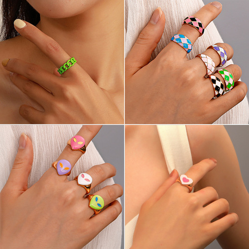 Ins-style colorful drip oil heart ring, cross-border new heart alien grid ring, European and American fashionable accessory