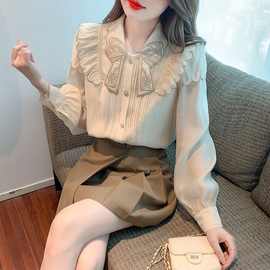 重工刺绣娃娃领长袖上衣女秋冬新款设计感小众雪纺衬衫潮