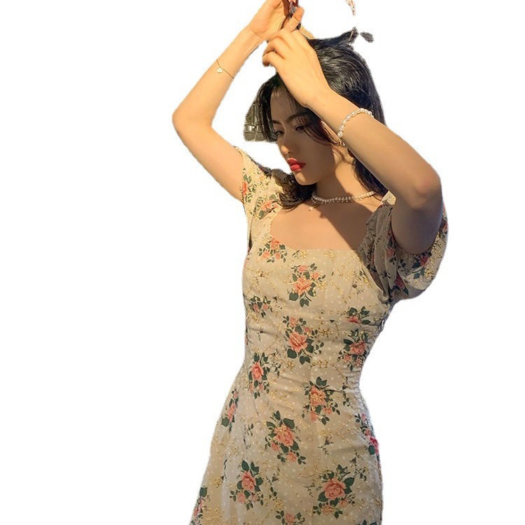 Cross-Border French-Style Tea Break Mid-Length Dress, New Design, Niche Square Neck, Puff Sleeves, Floral Print Dress for Women, Summer