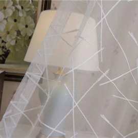 外贸纱帘成品飘窗阳台卧室条纹白色交叉竖条刺绣绣花窗帘窗纱wish