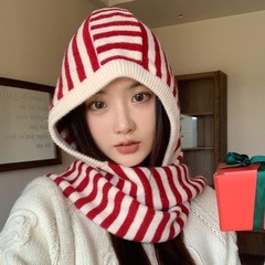 秋冬韩版条纹拉法帽子围巾一体帽女保暖披肩围脖毛线针织帽套头帽