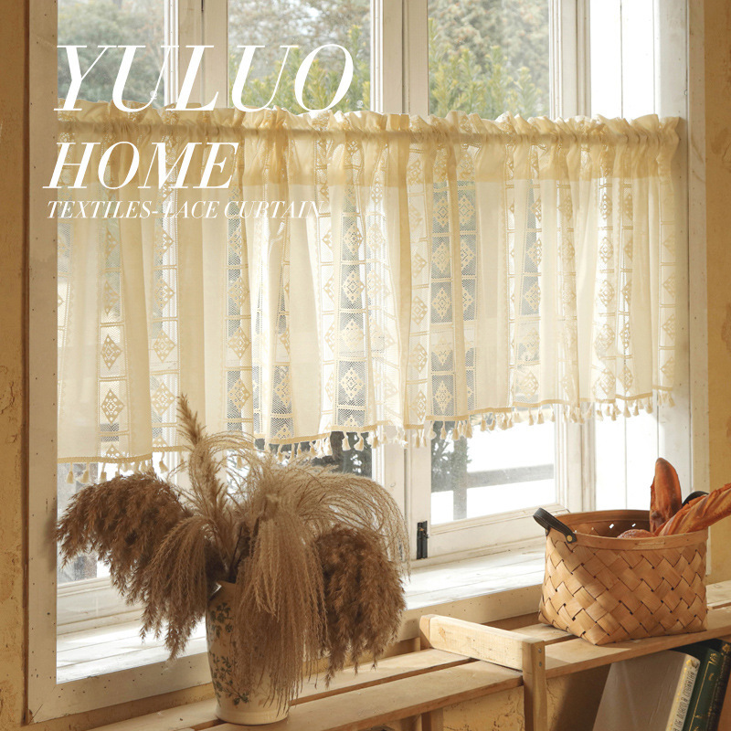 French Pastoral Lace Velcro Half Curtain Short Curtain Gauze Curtain Short American Style Vintage Kitchen Door Curtain Punch-Free