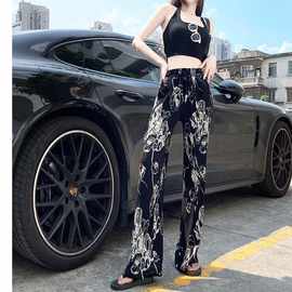 冰丝花裤子女夏薄款大码高腰显瘦阔腿裤休闲宽松垂坠感长裤抖抖裤