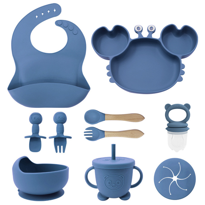 Plato de silicona para niños set de cangrejo para bebés alimentando bacon portátil para comer tenedor cuchara set de bolos de alimentos suplementarios