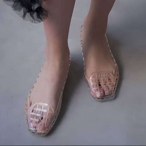 Korean jelly shoes shallow mouth single shoes crystal pvc outdoor casual square-toe sandals lazy people dance shoes