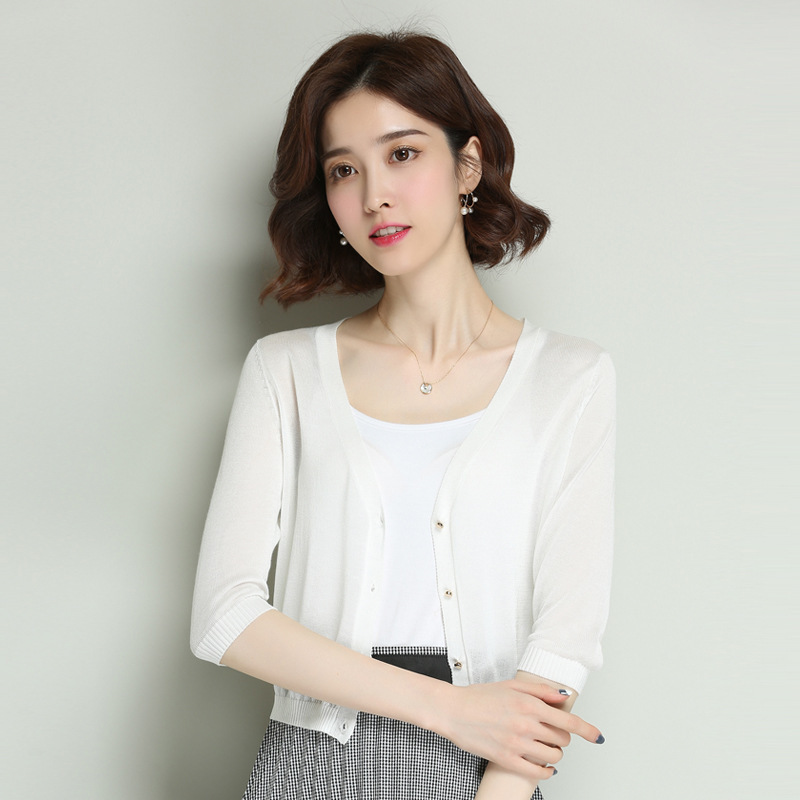 2024 Spring Summer Thin Knitted Cardigan Women's Mid-Sleeve Mulberry Silk Sunscreen Top Korean Style Small Cardigan