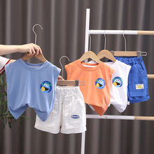 圓領男童夏季22新款無袖卡通短袖套裝1-3-5歲2中小童寶寶舒適套裝