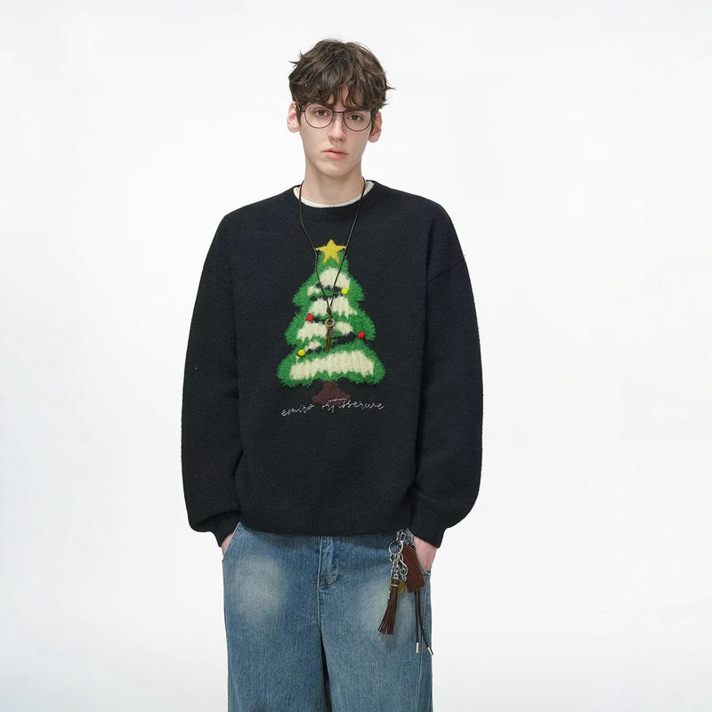 Christmas Tree Jacquard Red Sweater for Men, Autumn and Winter Korean Style Knit Sweater with a Round Neck Base Layer