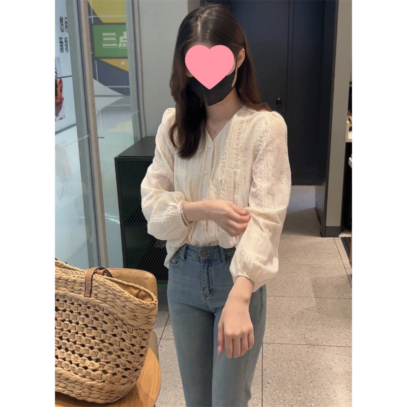 简约通勤设计感蕾丝长袖衬衫秋装女2025年新款刺绣小衫灯笼袖上衣|undefined